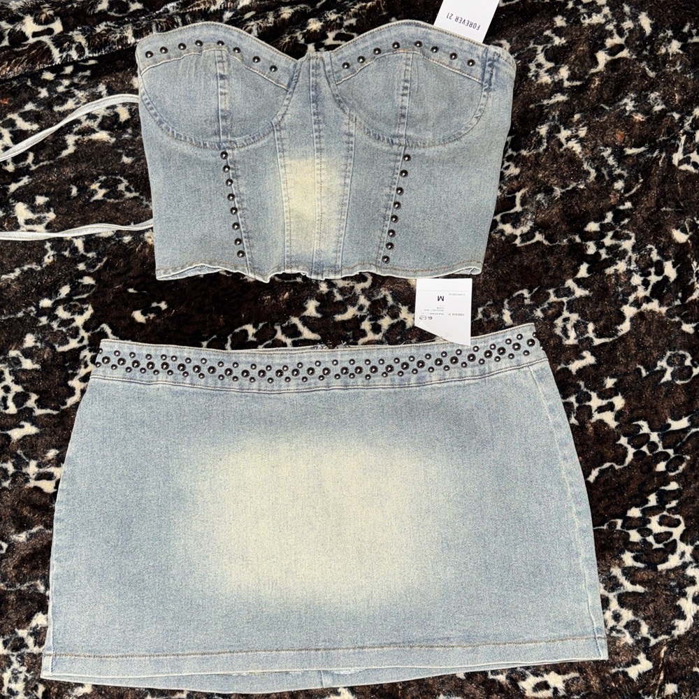 Cherry Mellow Light Wash Denim Studded Bustier Top & Mini Skirt Set